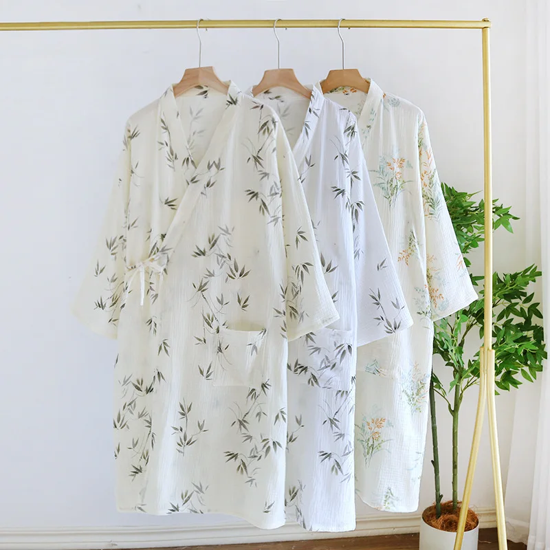 Cotton Fabric Bamboo Printed Sleepwear Bathrobes for Women Spring and Summer Double-layer Thin Home Clothing Pyjamas Robes 2