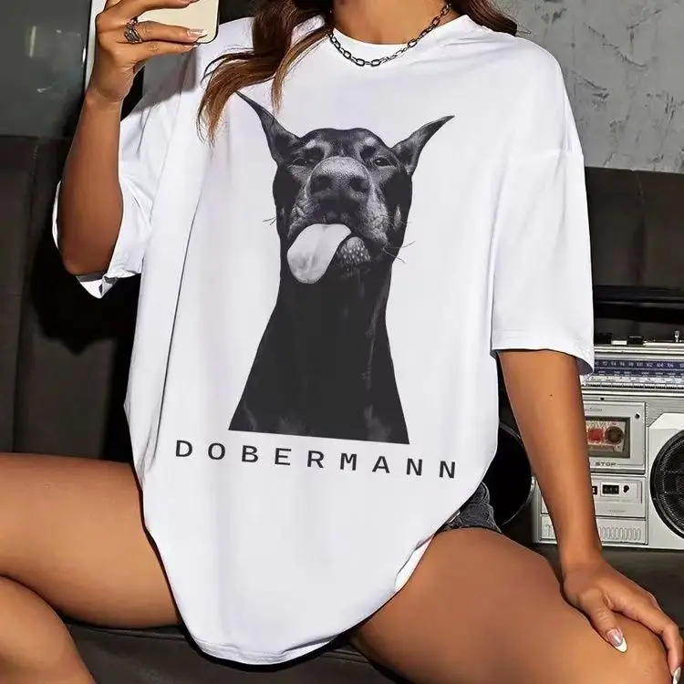 American New Dog Print Cute Animal T Shirt Women Short Sleeve O-neck Cotton White Black Casual Hip Hop Loose T-shirt Summer 2025