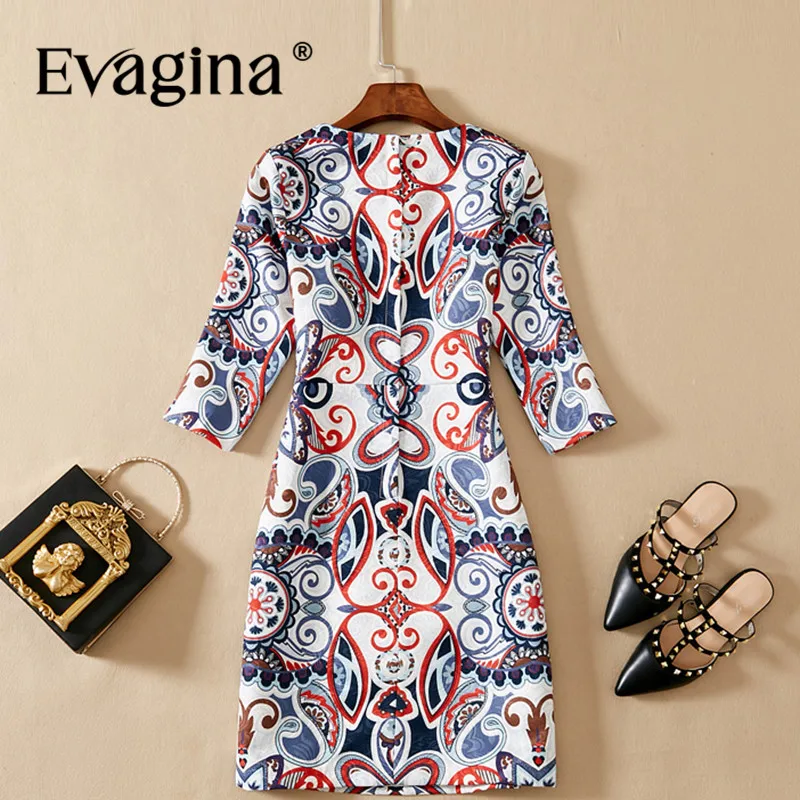 Evagina New Fashion Runway Designer Dress Women's Three Quarter Sleeve Vintage High Street S-XXL Mini Dresses