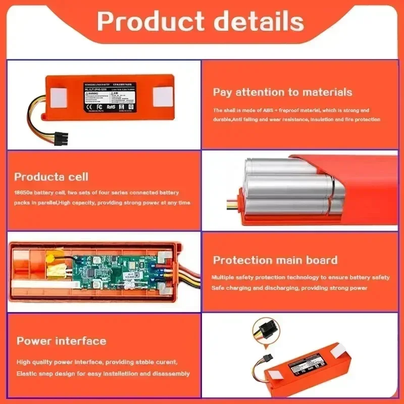 Replacement Battery for Xiaomi Roborock, Robotic Vacuum Cleaner, S50,S51, S60, S65, S50, S55, S5 MAX, S6 Parts, 14.4V, 12800mAh