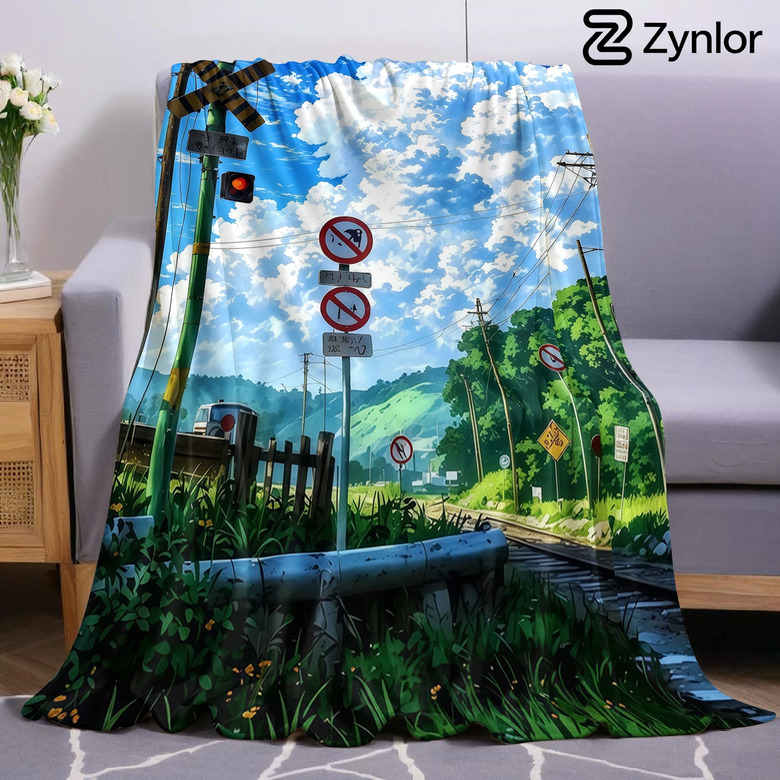 Railway Crossing Sky Cartoon Anime Print Flannel Blanket Soft Warm Throw for Kids Bedroom Sofa Bed Christmas Office Car