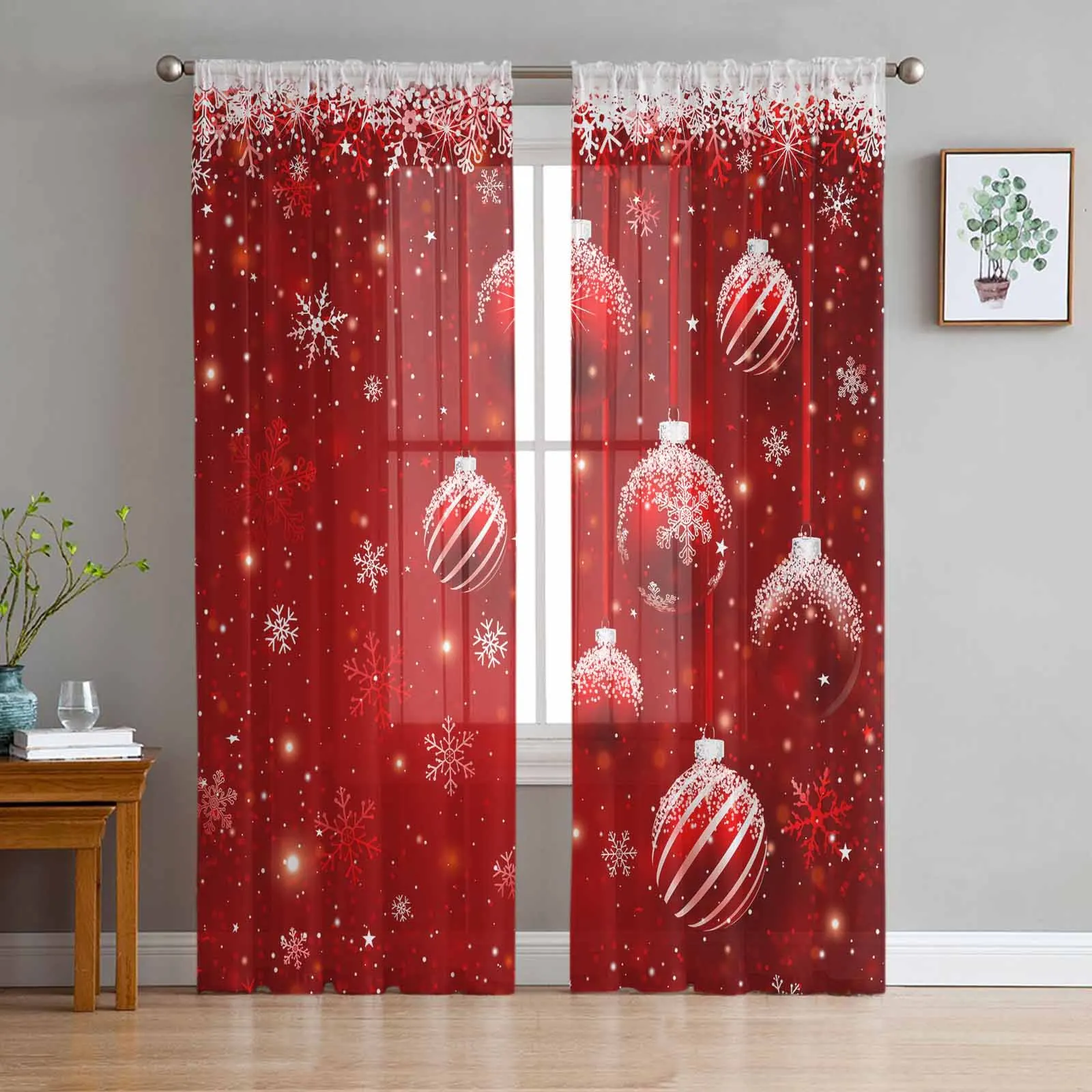 Christmas Snow Bulb Chiffon Sheer Curtains for Living Room Bedroom Decor Kitchen Window Voiles Tulle Curtain