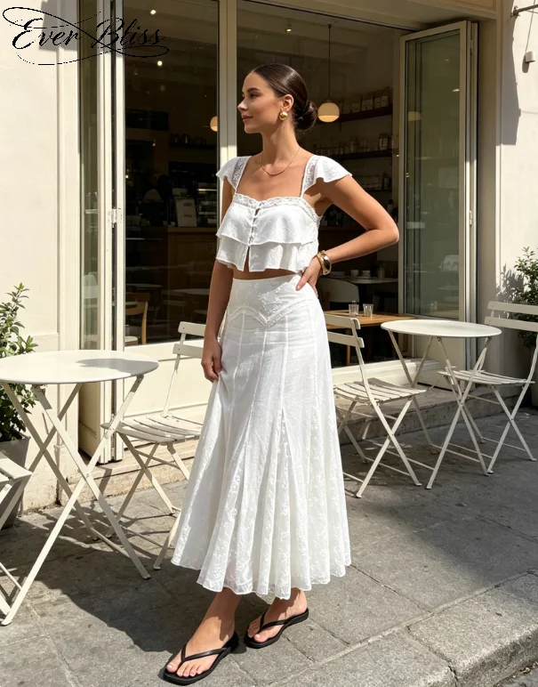 2026 New White Lace 2-Piece Set, Ruffle Sleeve Crop Top + High Waist Flowy Midi Skirt Boho Vacation Wedding Guest Outfit