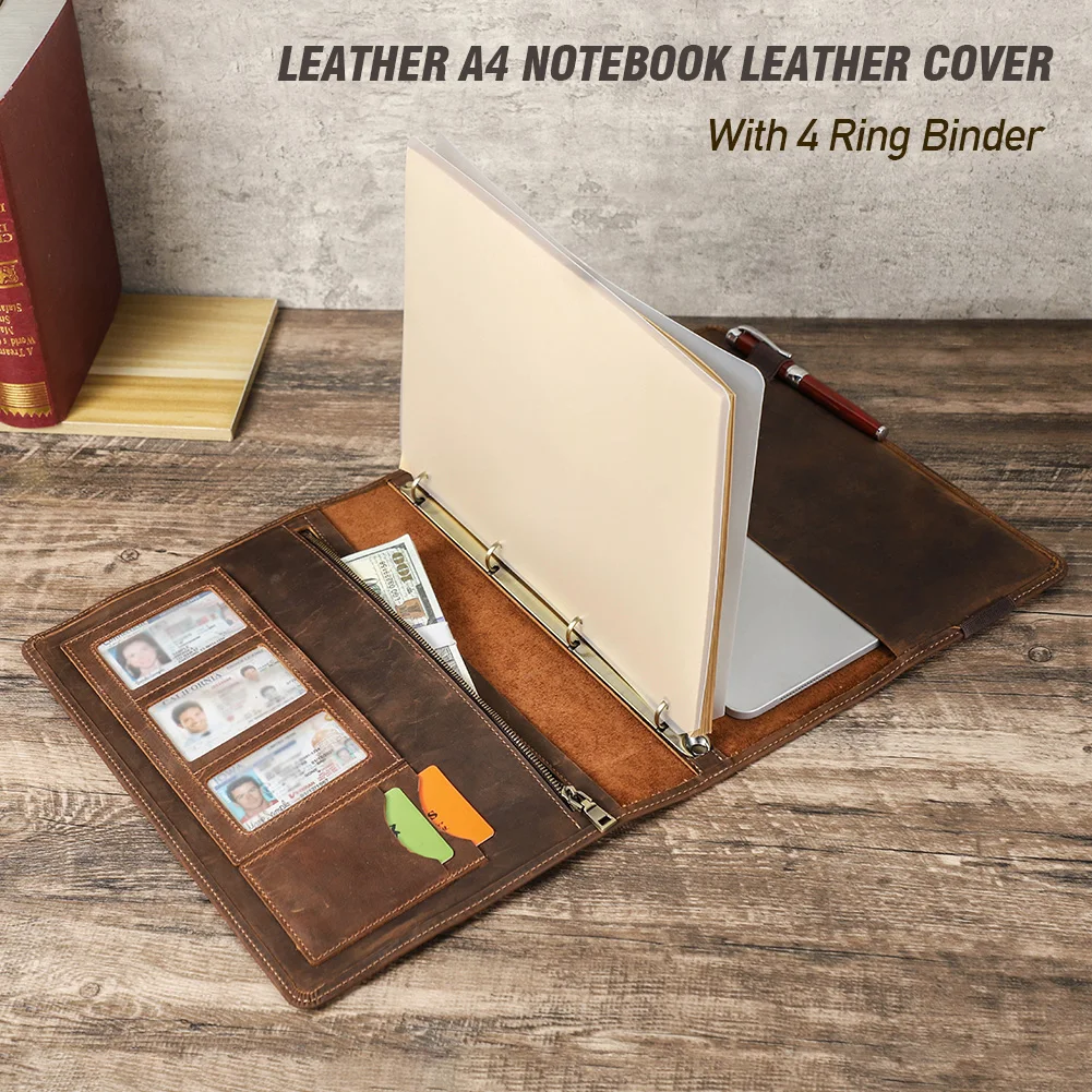 

Luxury Retro Business A4 Notebook Leather Cover Portfolio with 4 Ring Binder Paper Ipad Pro 11 Holder Pen Card Slots Travel Case