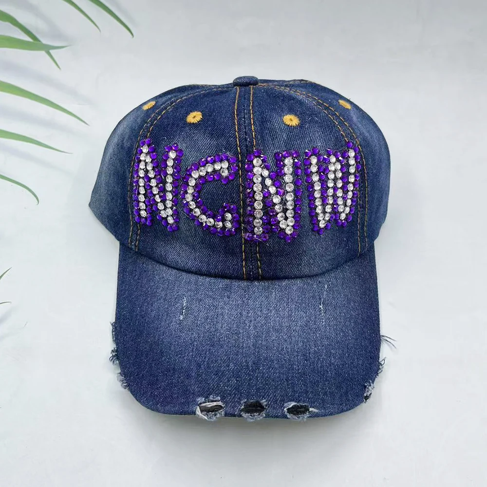 Handmade Exquisite Greek Alphabet Fraternity Sisters Purple White Shiny Rhinestone NCNW Cowboy Baseball Cap Adjustable