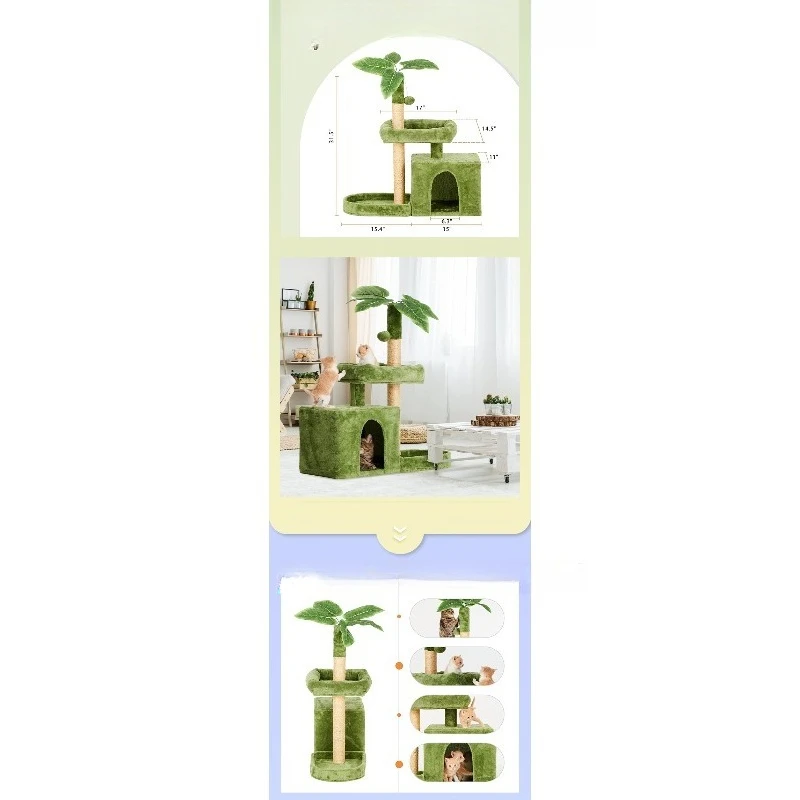 Cat tree tower green leaf cat apartment, hanging bulb leaf shape design cat tree and scraper