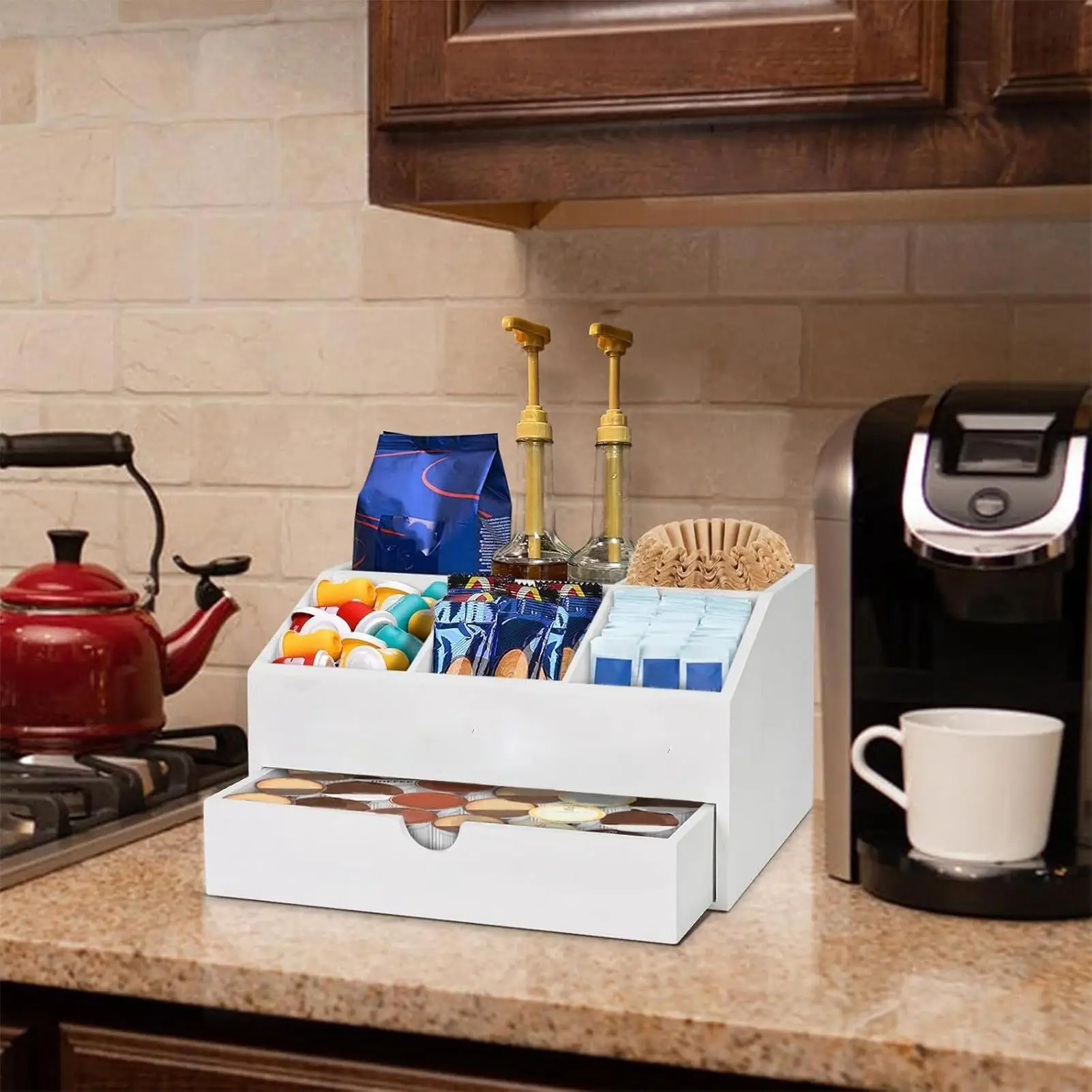 

Tea And Coffee Organizer Wood Table Storage Stand Multipurpose Desk Coffee Counter Organizer With Drawer For Dorm Studio