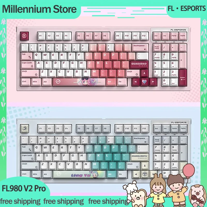 FL·ESPORTS FL980 V2 Pro Mechanical Gamer Keyboard 3Mode 2.4G Wireless Bluetooth Keyboard RGB Customized Game Anime Keyboard Gift