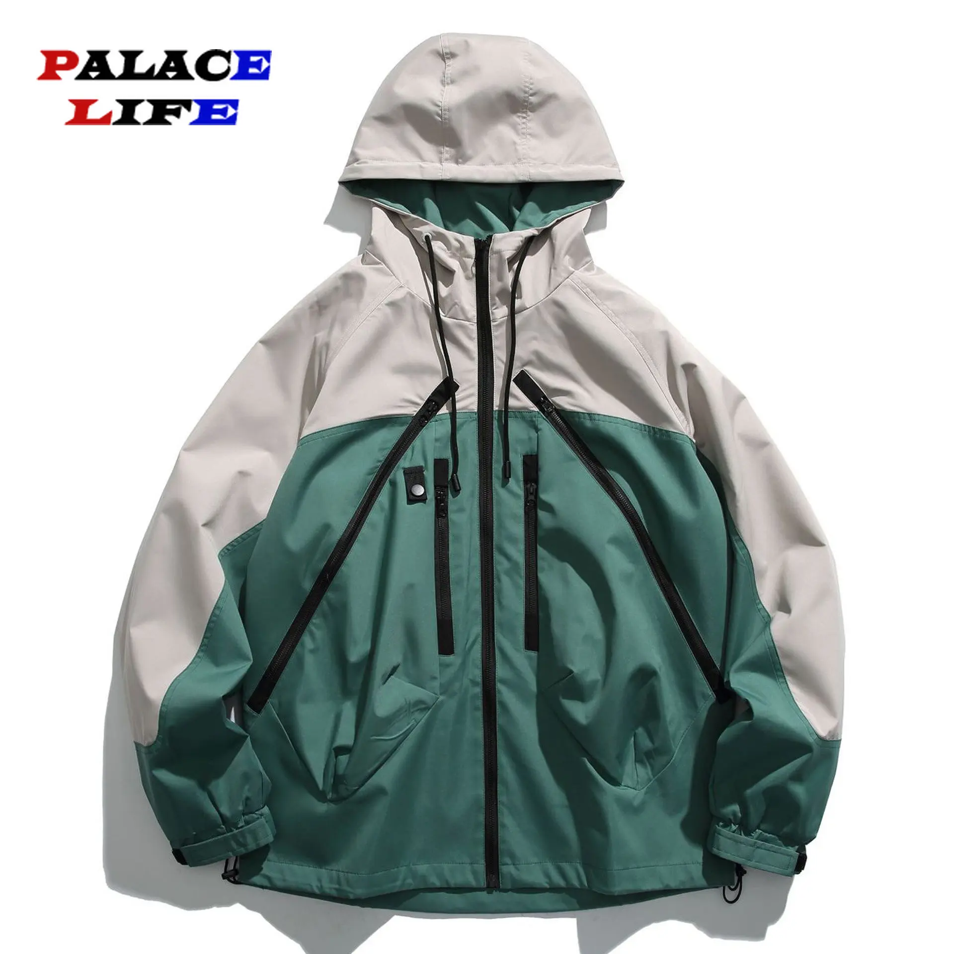 

Mens Hooded Cargo Jacket Patchwork Green Baseball Jacket 2023 Spring Streetwear Loose Bomber Jacket Unisex School Outfits