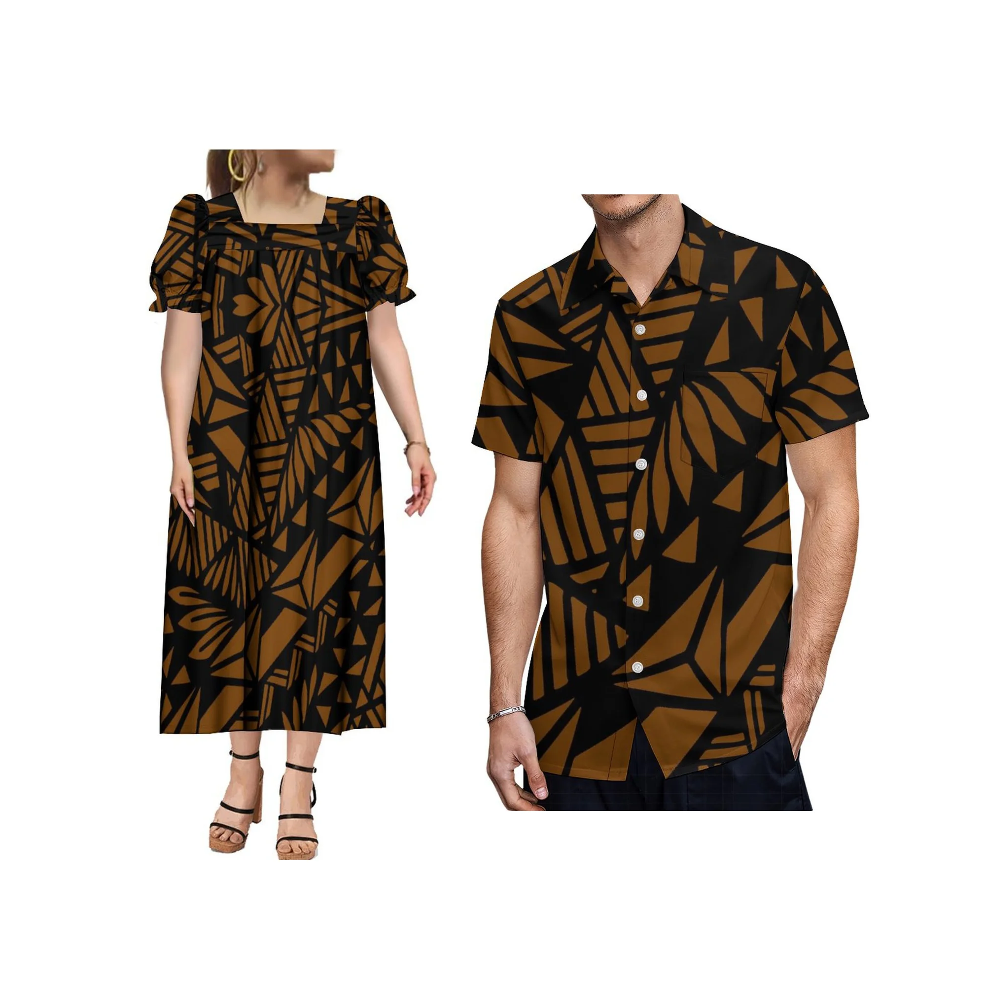 Novo Vestido Casual Feminino com Estampa Polinésia Ilhas do Havai, Decote Quadrado e Mangas Bufantes, Vestido Mumu Micronésio com Logotipo Personalizado