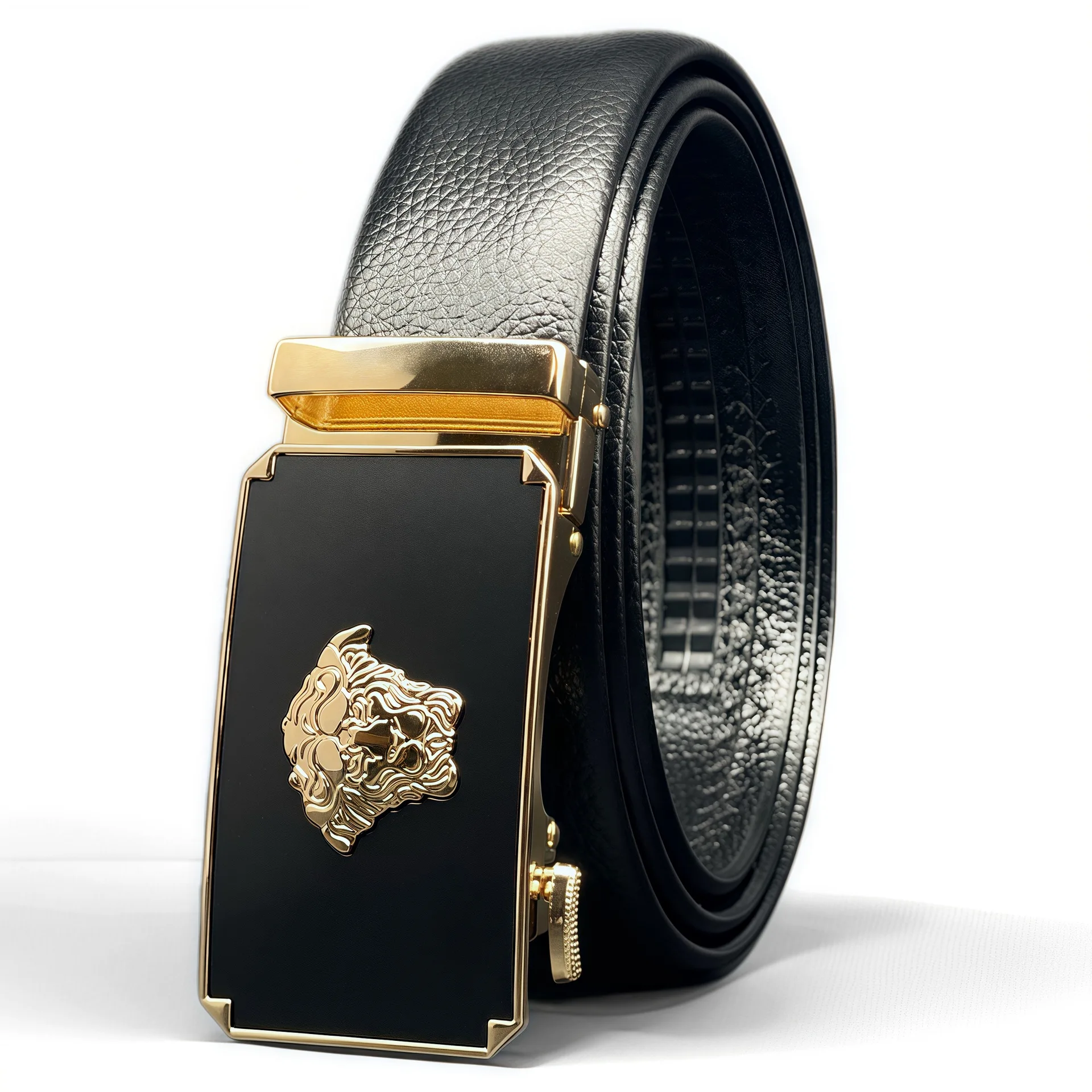 Automatic Buckles Mens Black Leather Belts Emboss Ratchet Strap Waistband Sliding Dress Jeans Belt for Men Wedding Business Gift