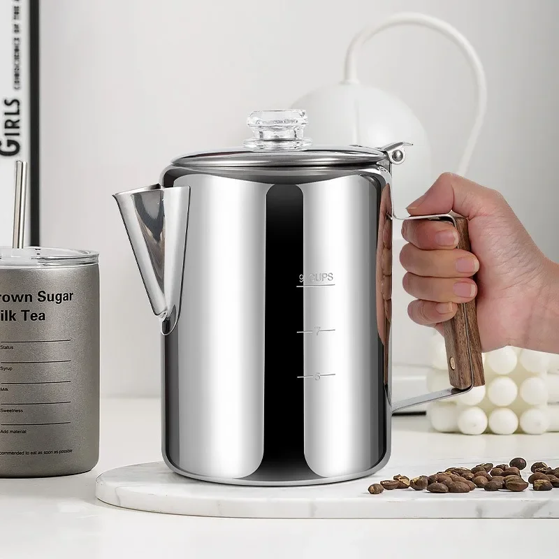 Stainless Steel Coffee Percolator Wooden Comfort Grip Handle Stovetop Coffee Maker Portable Easy Pour Pot for Home Camping Use