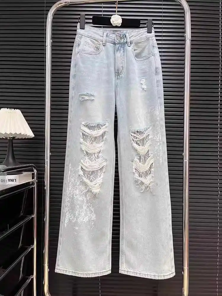 الصيف الدانتيل المرقعة ممزق الجينز للنساء خمر عالية الخصر فضفاض مستقيم الساق السراويل شيك عادية جيب واسعة الساق بنطلون
