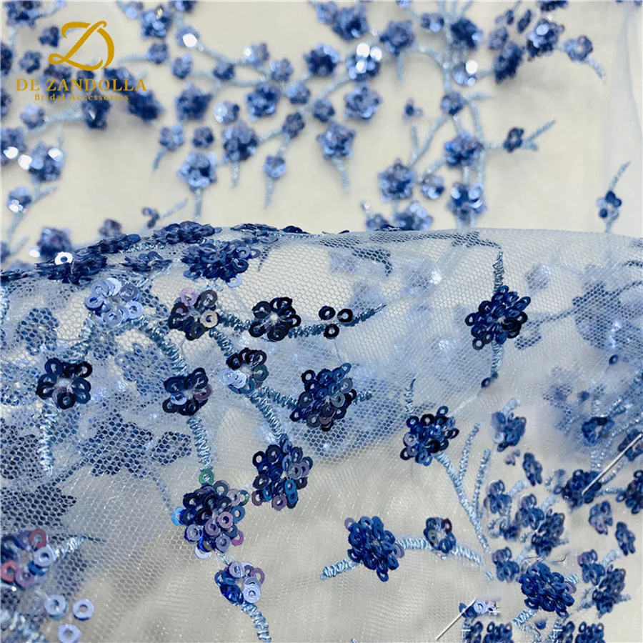 

1 Yard Blue Champagne Gray Evening Lace Fabric 3D Floral Sequins Mesh Embroidery Bridal Party ，Wedding Dress Lace Width 125cm