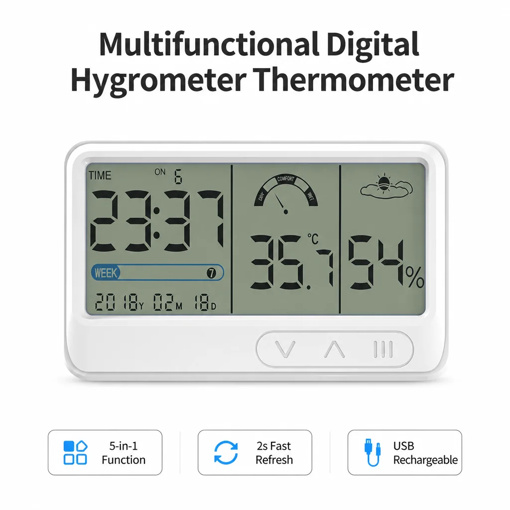 

Digital Hygrometer Thermometer with Large LCD Display Indoor Temperature Humidity Sensor with Calendar Alarm Clock USB Charging