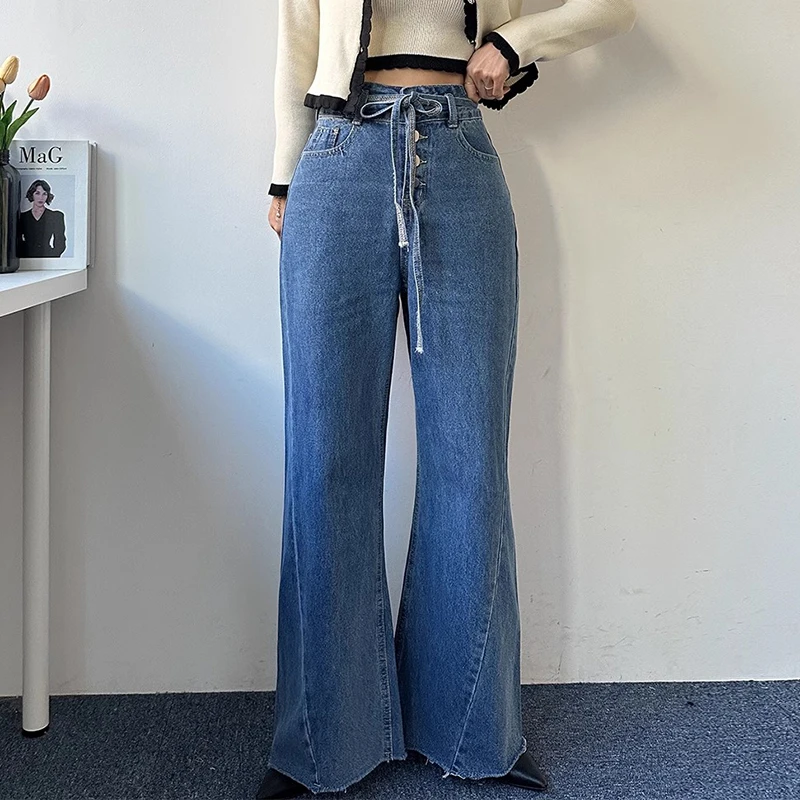 Retro High Waist Wide Leg Pants Single Button Design Versatile Autumn Fashion Ladies Jeans plus Size Trousers Slimming Effect