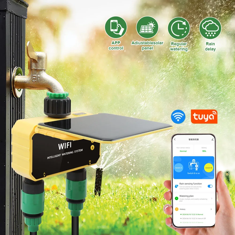 

Dual Zone WIFI Solar Irrigation Timer Smart APP Control Automatic Irrigation System Outdoor Water Timer Garden Watering Tool