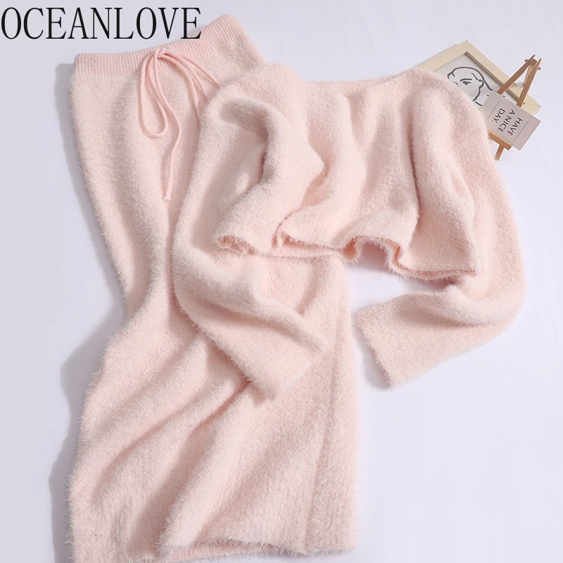 

OCEANLOVE вязаный комплект из 2 предметов, женский наряд, однотонные элегантные юбки, теплый осенне-зимний комплект в Корейском стиле, модный сладкий Roupas Feminina