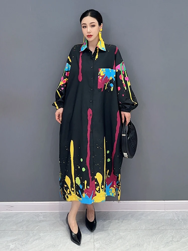 SHENGPALAE Graffiti Printed Dress For Women Fashion Lapel Pocket Patchwork Full Sleeve Loose Vestido Robe Autumn 2024 New 5R5552