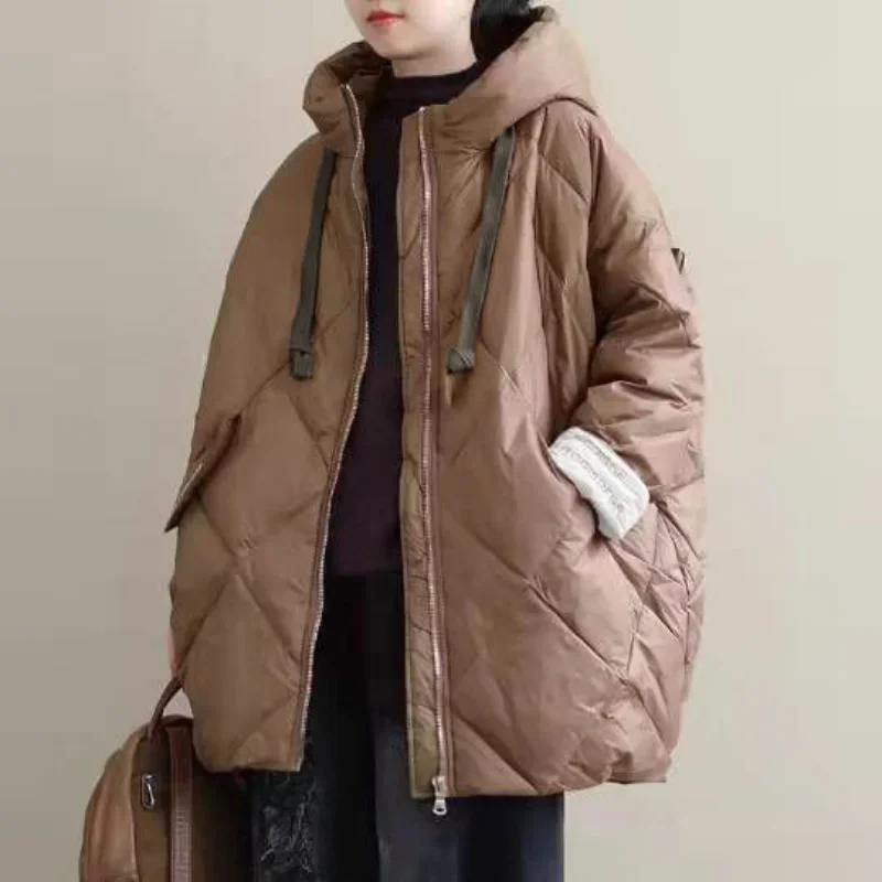 Fashionable Loose Fitting Parka for Women's Korean Winter Mid Length Fluffy Hooded Pocket Quilted Solid Color Warm Jacket 2023