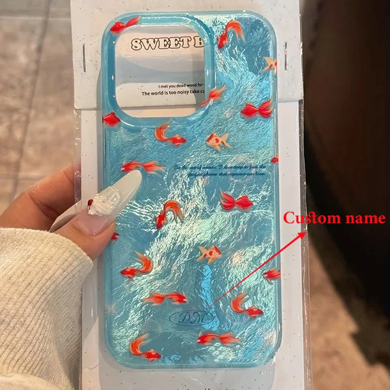 Customize Personalized Name Cute Blue Ocean Red Carp Phone Case For iPhone 11 12 13 14 15 16 Pro Max XS XR X 7 8 Plus Soft Cover