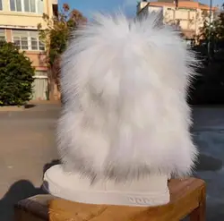 Fashion Black White Real Fox Fur Snow Boots 8cm Inner Wedge Increased Sole Mid Boots Winter Full Fur Boots Woman Booties