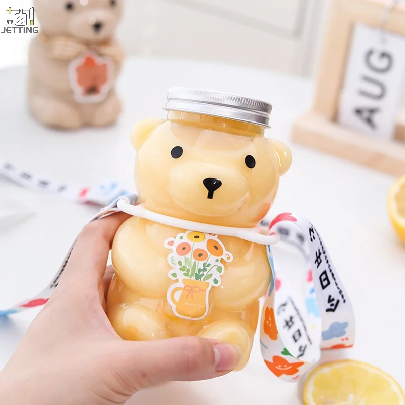 Disposable Drink Bottles Juice Bear Plastic Cup Cute Bear Juice Drink Milk Tea Beverage Storage Bottles With Lid Sealed Bottle