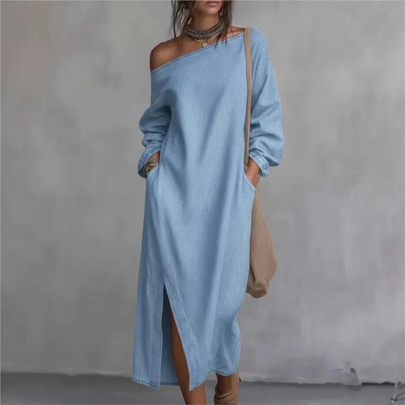 Woman's Sexy Slanted Neck Loose Dress Spring Autumn Fashion Solid Slit Hem Design Dresses With Pockets Ladies Casual Vestidos