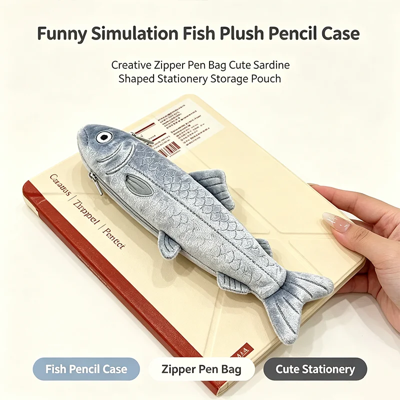Funny Simulation Fish Plush Pencil Case Creative Zipper Pen Bag Cute Sardine Shaped Stationery Storage Pouch for School Supplies