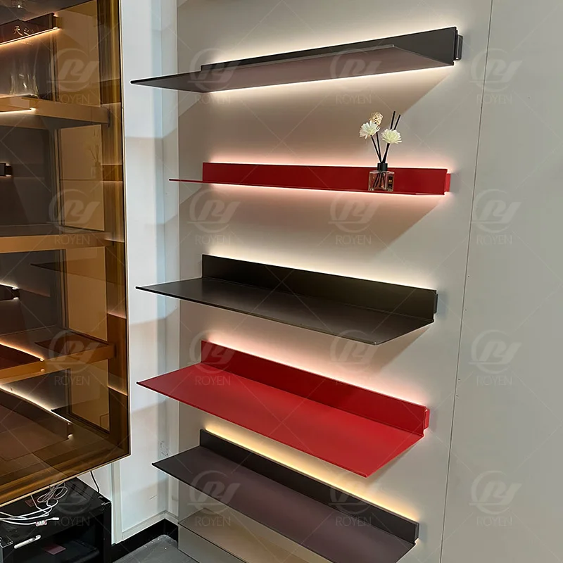 custom.Modern Wall Aluminum Floating Shelves Display Rack With LED Lights