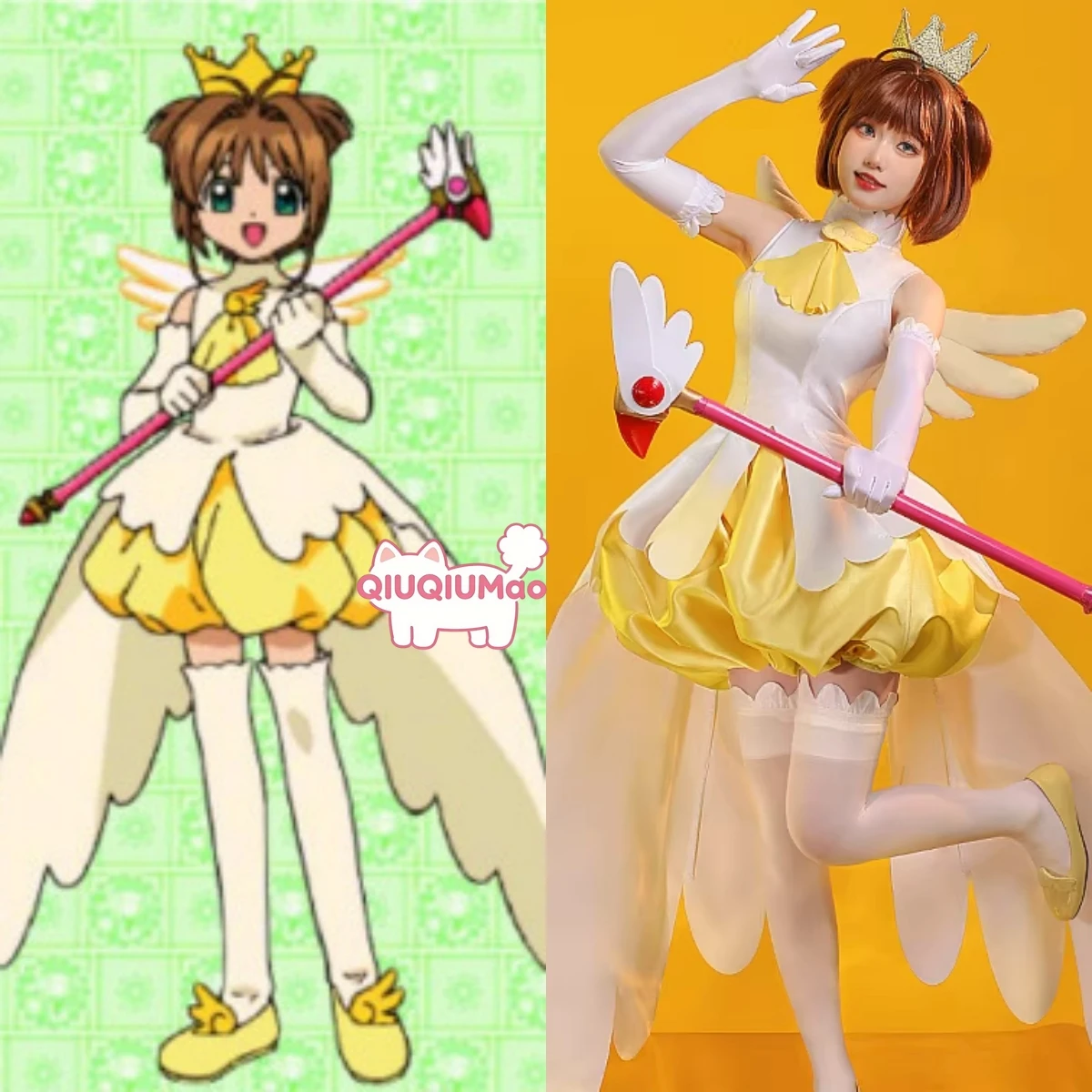 

Cardcaptor Sakura Cosplay Costume Anime Sakura Kinomoto Role Playing Cute Yellow&White Battle Outfit for Women Comic Con Party