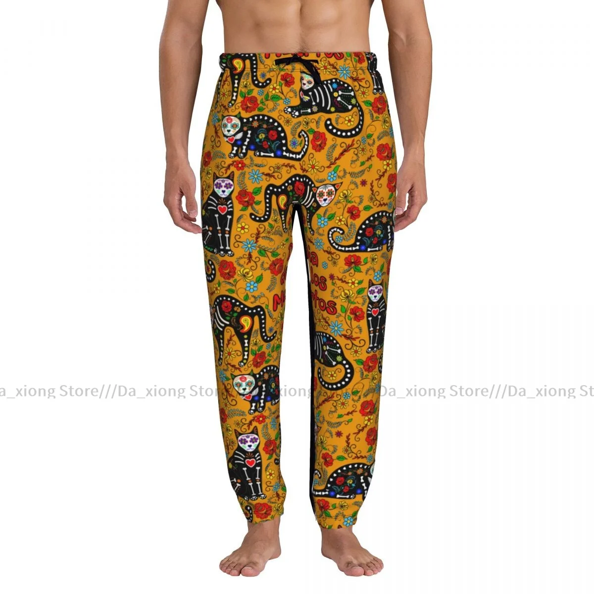 Man Casual Pants Mexico Skull Black Cats On Yellow Casual Trousers Sport Jogging Tracksuits Sweatpants Male Pants