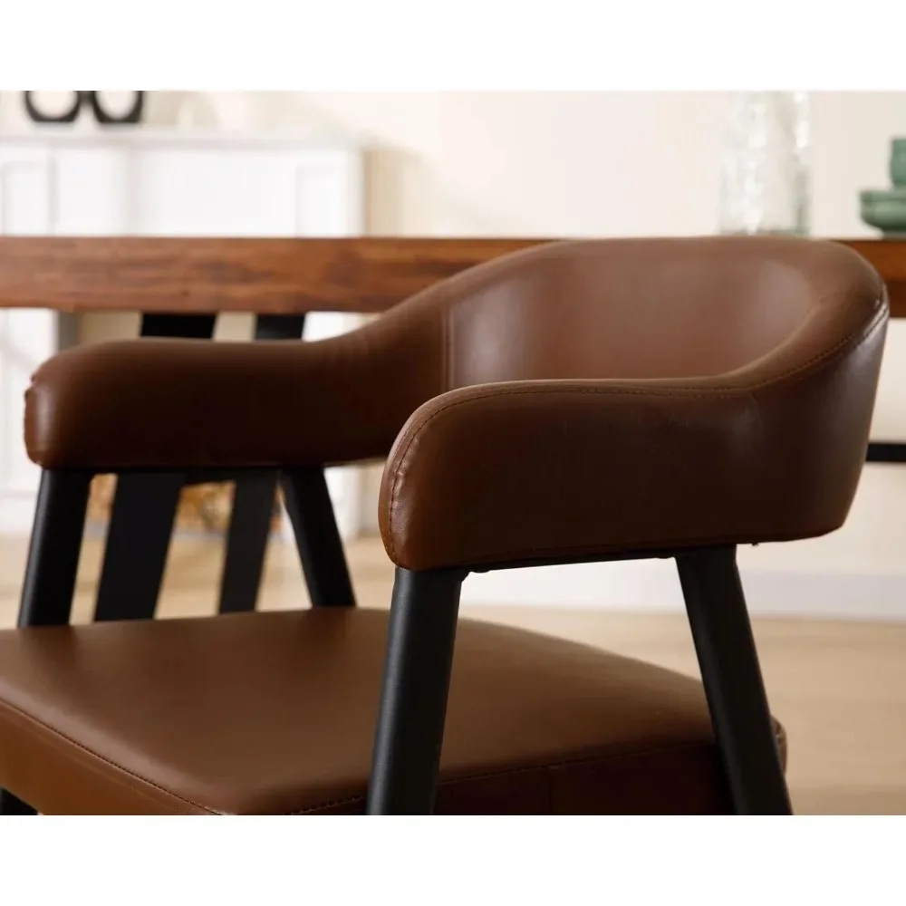 مجموعة كراسي بذراعين لغرفة الطعام الحديثة مكونة من 2، كراسي طعام منجدة من الجلد الصناعي القديم مع أذرع لهجة بنية في منتصف القرن #6