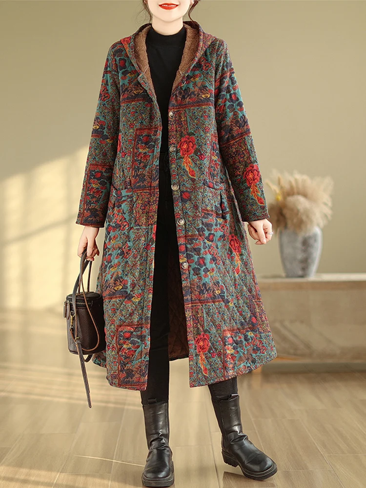 Women Clothes 2024 New Winter Plus Velvet Hooded Long Coat Vintage National Style Parkas Floral Print Cotton-Padded Outerwear