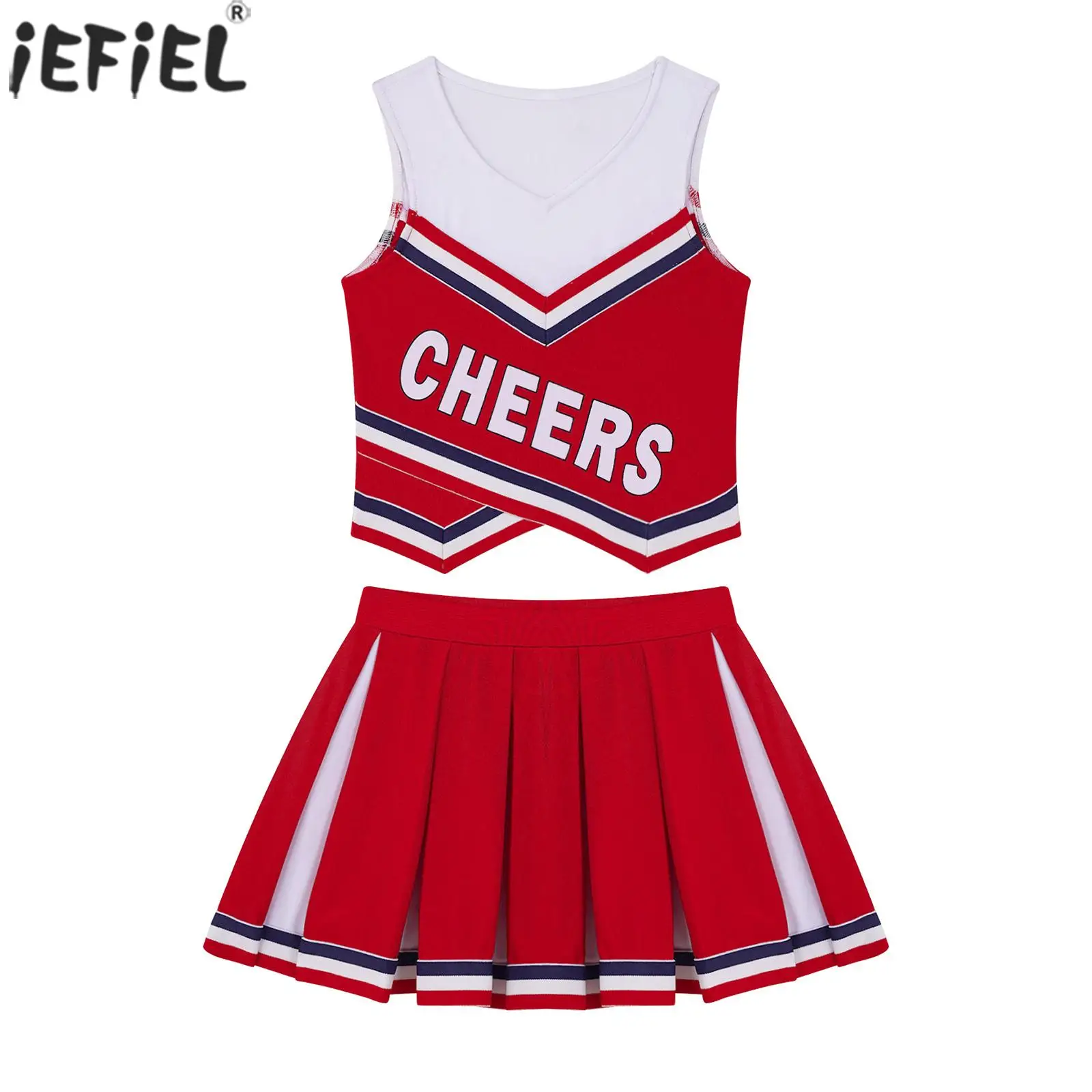 

2Pcs Kids Girls Sport Dance Suit Cheerleader Costume V Neck Sleeveless Letters Cheers Print Vest and Pleated Skirt Set Outfit