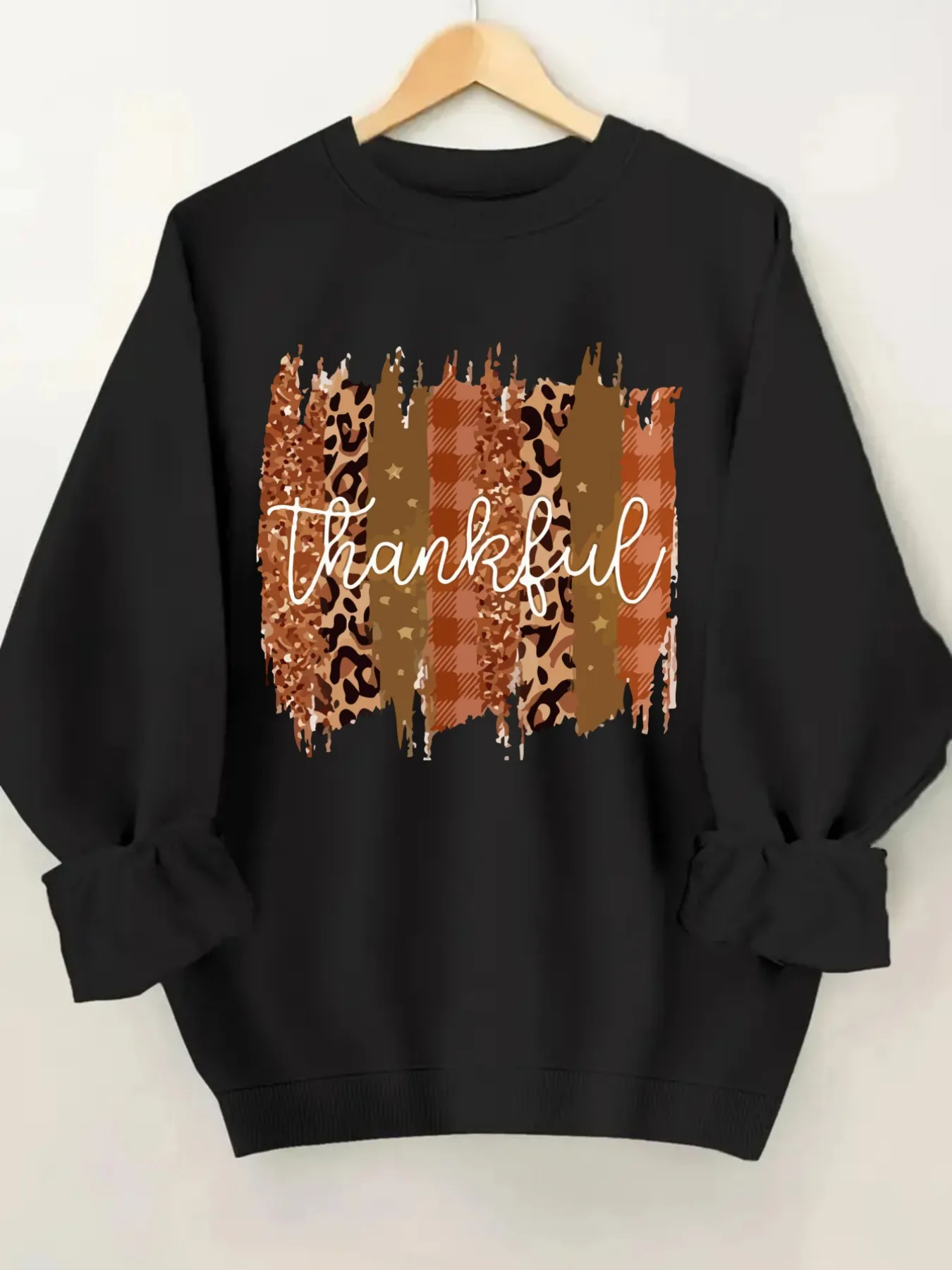 Women's Crew Neck Pullover Sweatshirt Leopard Plaid Thankful Design, Soft Casual Long Sleeve, Daily Casual Top Outfit, Winter Women's Clothing, Halloween Costume Outfit