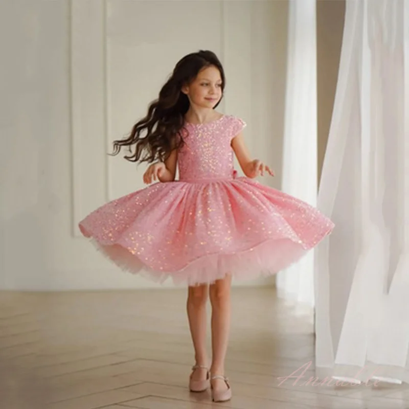 Annabelle-Vestido de baile de lantejoulas inchado, vestido princesa sem costas com laço, vestido de aniversário infantil, festa de casamento