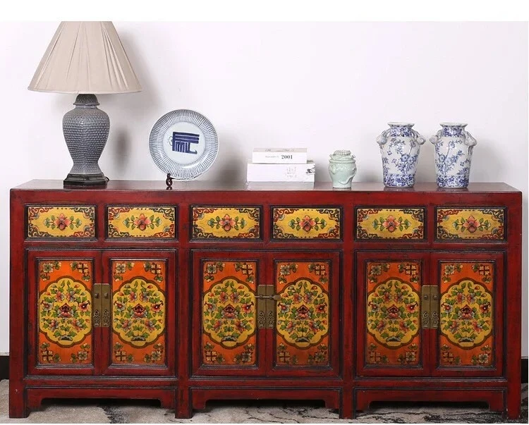 

A15 New Chinese solid wood painted dining side cabinet hand painted decorative cabinet neoclassical antique partition cabinet