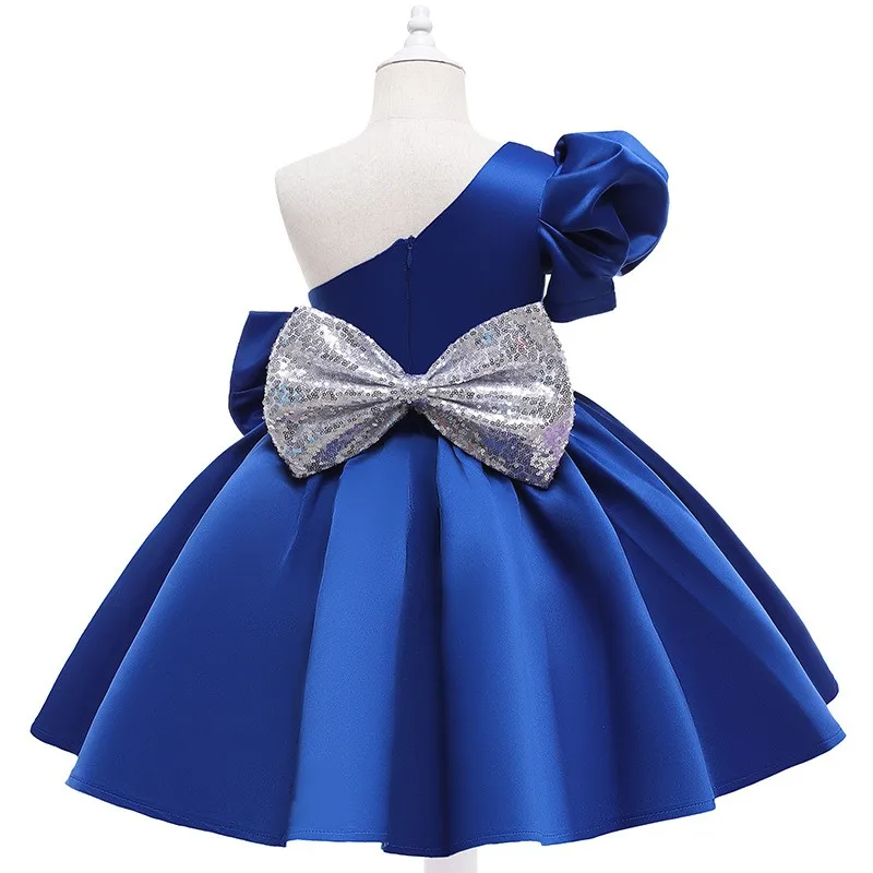 Oblique Shoulder Big Bow Girl Dress Kids Toddler Baby Gown Girls Princess 1 Year Birthday Wedding Bridesmaid Evening Party Dress