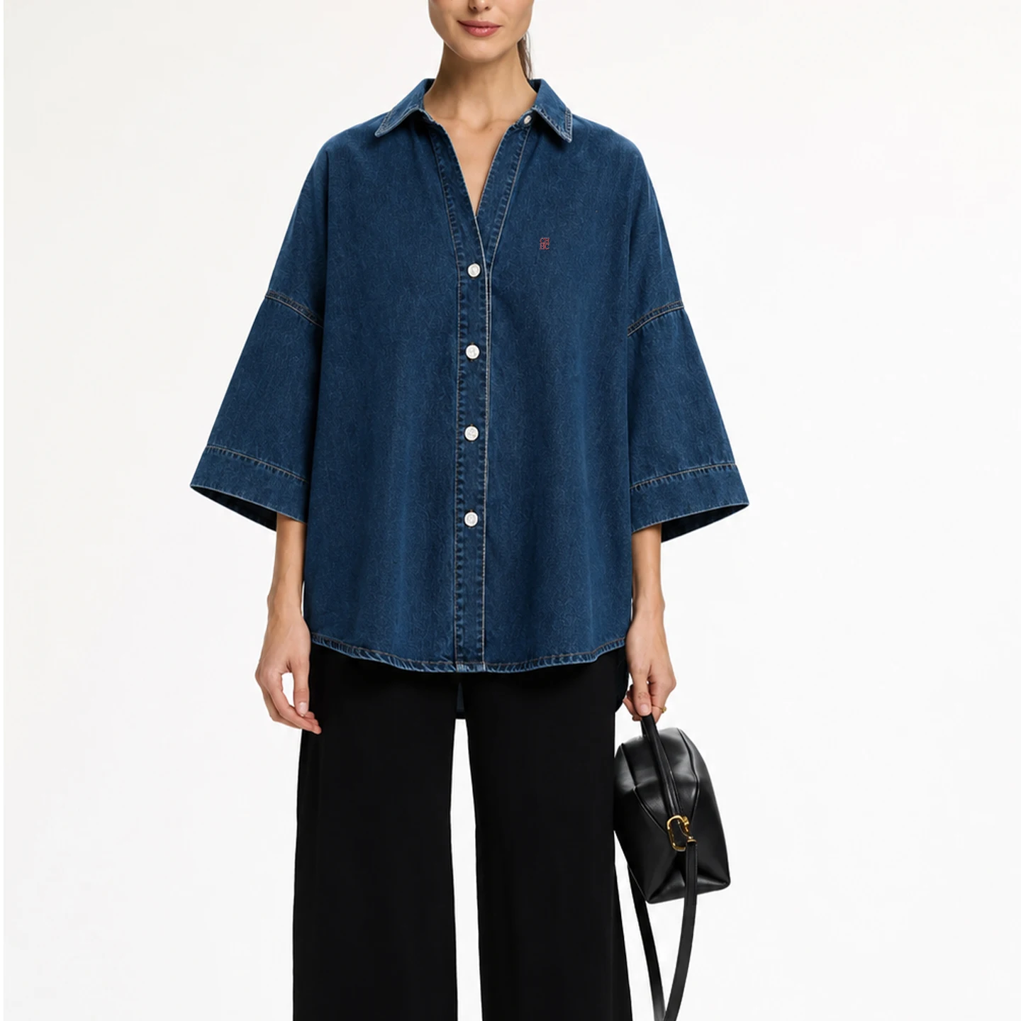 CH Letter Embroidered Solid Color Denim Three Quarter Sleeve Shirt Women Point Collar Oversized Fit Cool Edgy Style Casual Tops view 4