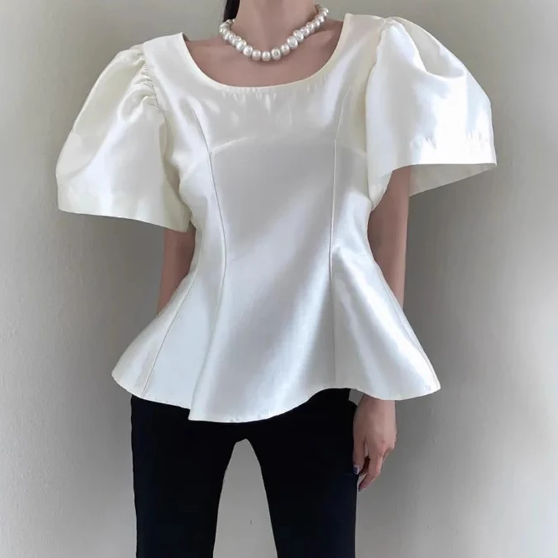 

Ele Silk Bubble Sve irt, женский однотонный облегающий летний новый модный топ в стиле ретро, корейский модный топ для поездок на работу и ветер