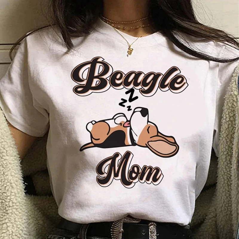 بيغل الكرتون لطيف الشارع الشهير الأبيض موضة النساء تي شيرت Harajuku ملابس قصيرة الأكمام الصيف تيز عادية أنثى بلوزات مستديرة العنق