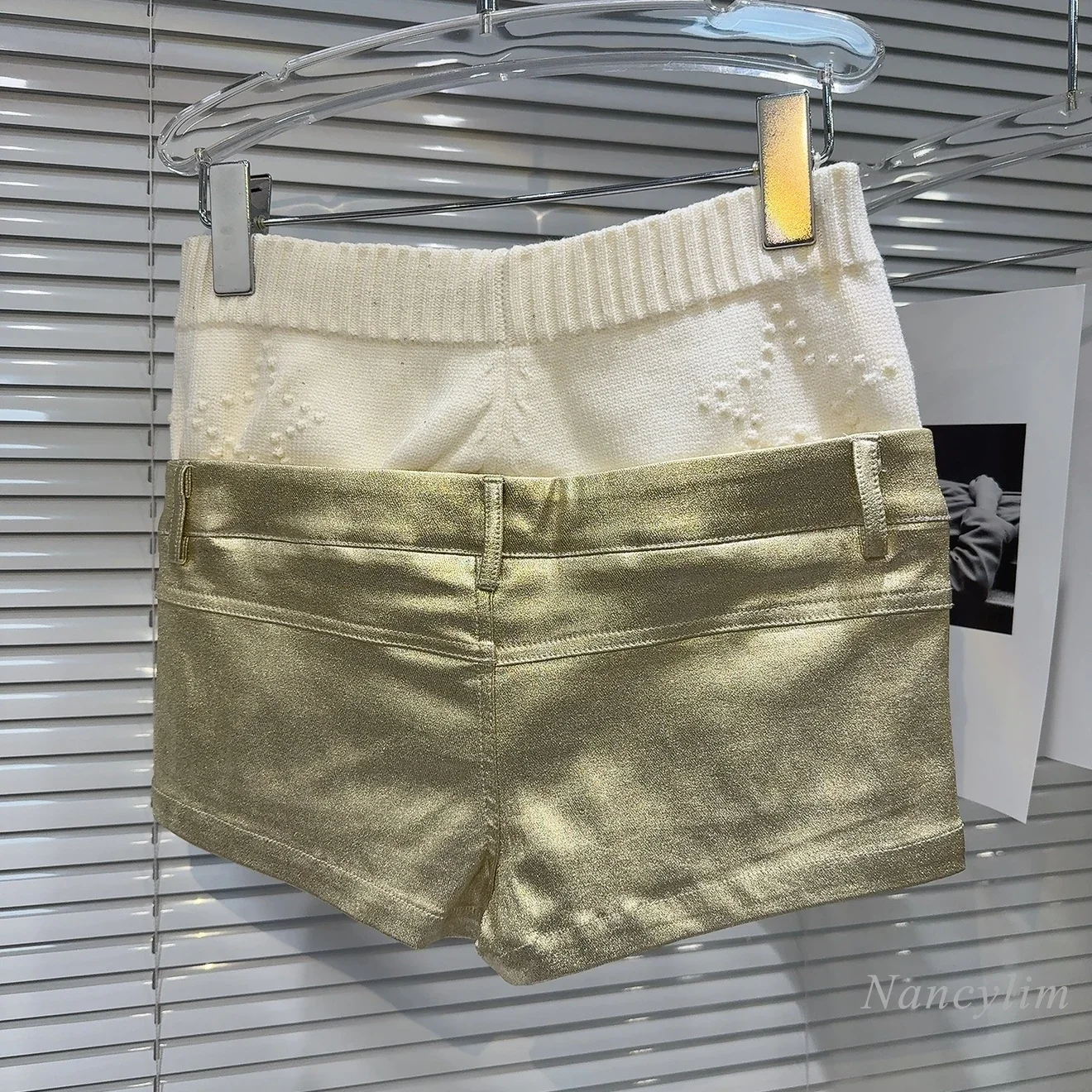 2024 Winter New Niche Knitted Double Waist Splicing Gold PU Leather Spice Girls Shorts Boots Shorts for Women