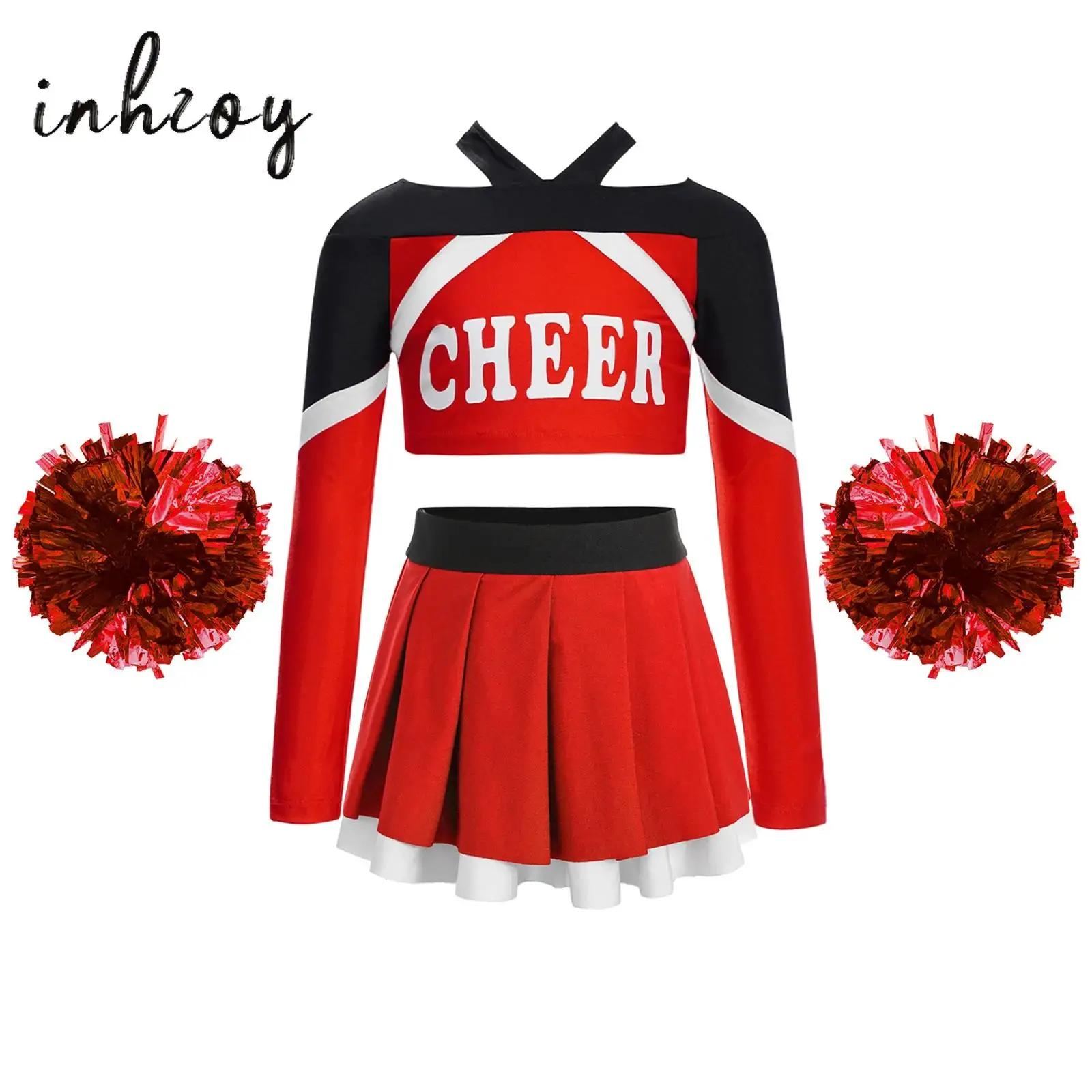 

Kids Girls Cheerleading Dance Outfit Uniform 3Pcs Long Sleeve Letter Print Color Block Crop Top+Pleated Skirt+Flower Balls Set