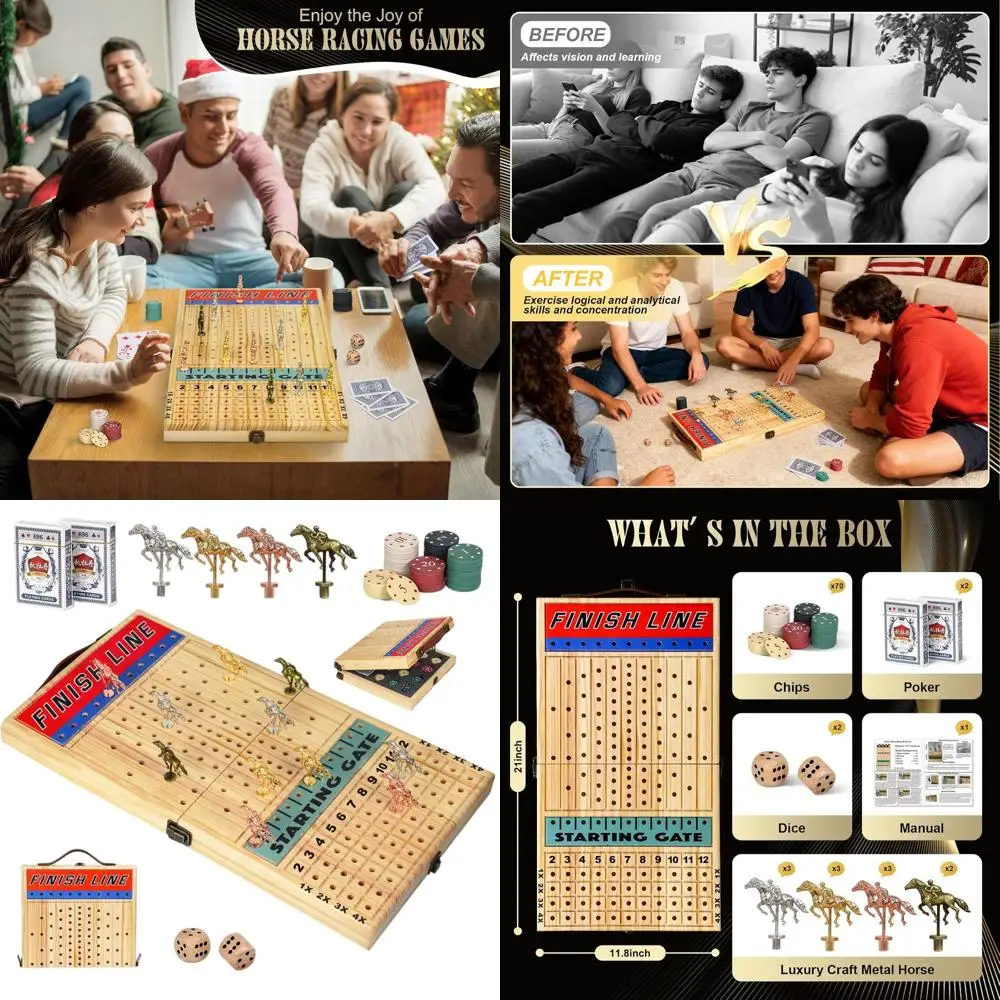 

Elegant 21 Horse Racing Board Game with 11 Metal Horses, Wooden Board, Chips, Cards & Dice for Adults & Families