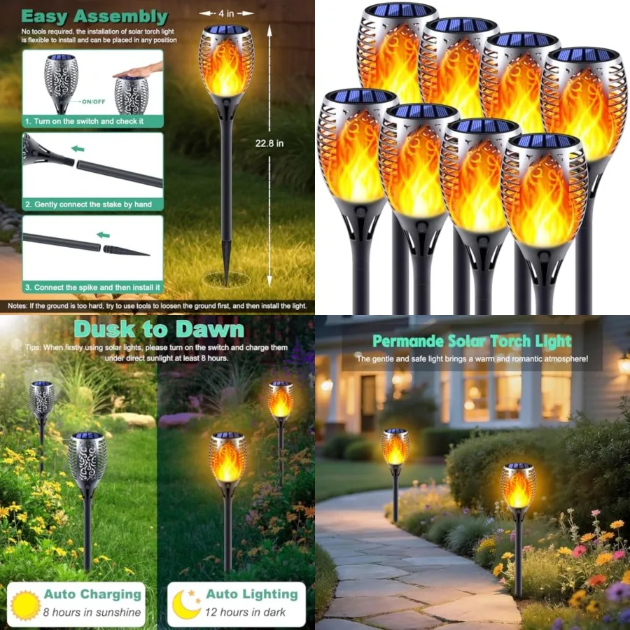 Solar Torch Lights with Flickering Flame, Fire Effect Garden Light, Auto On/Off Dust to Dawn, Outdoor Waterproof Landscape Deco