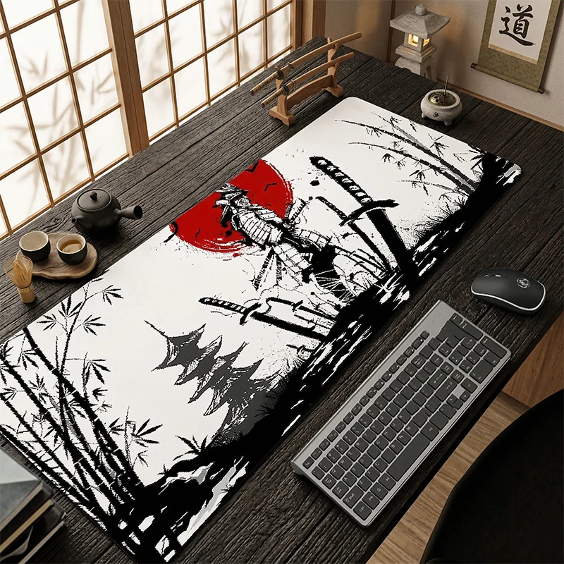 

Japanese Samurai Large Gaming Mouse Pad Black White Ink Bamboo Desk Mat Non-slip Rubber Keyboard Pad for Office Gamer Room