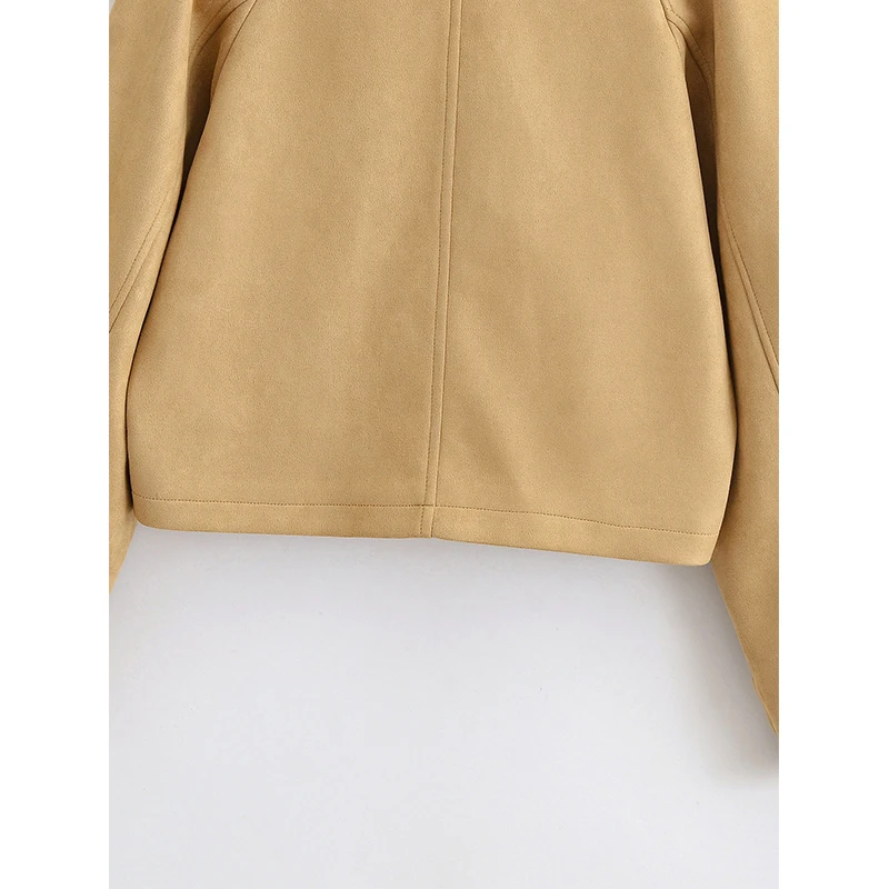 سترة نسائية كاكي مزدوجة الصدر بأكمام طويلة وياقة على شكل طية صدر السترة للخريف والشتاء معطف قصير أنيق ملابس نسائية أنيقة