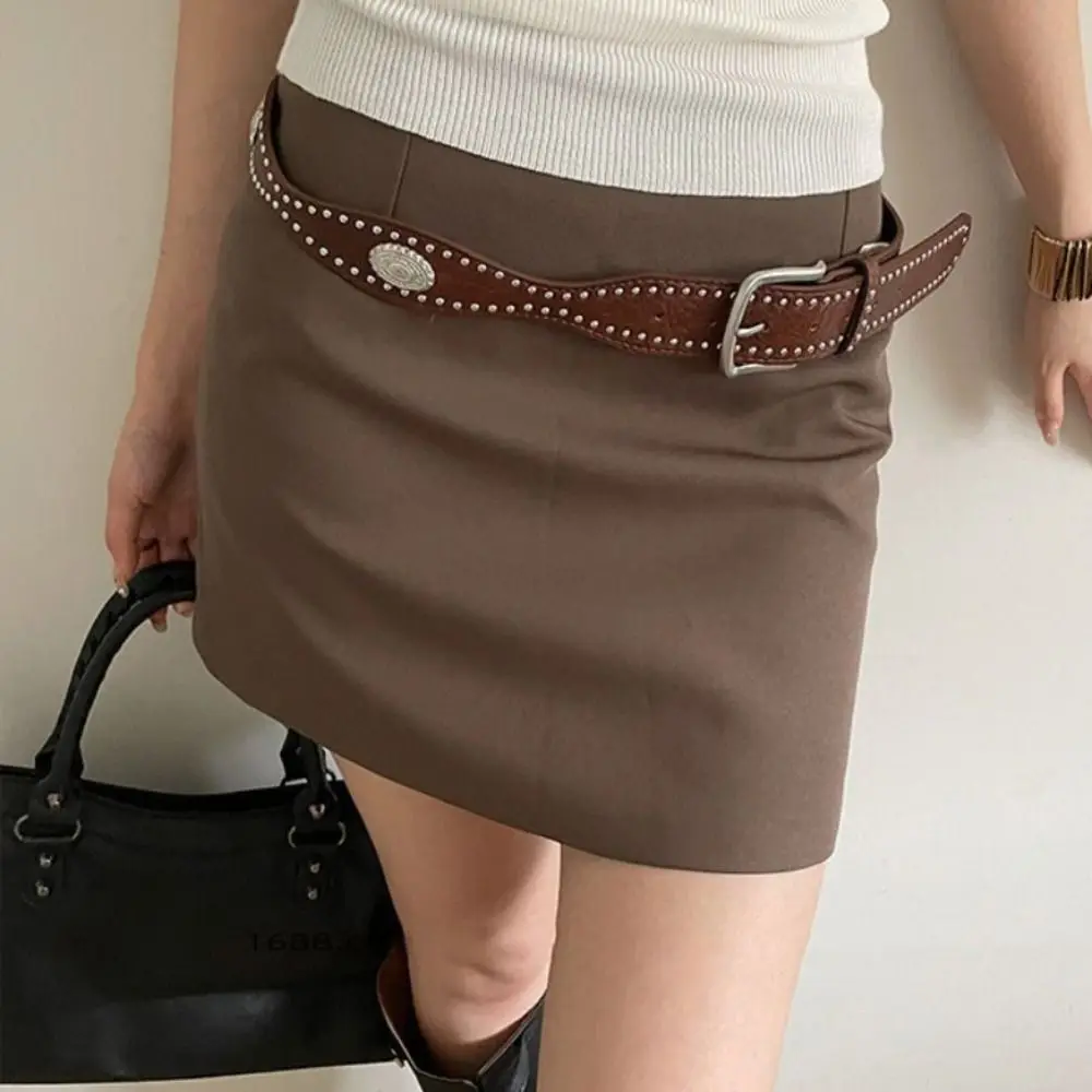 

Fashion Maillard Women Rivet Belt Y2k Metal Buckle Wide Leather Waistband Jeans Girdle Vintage Punk Style Belt Pants Accessories