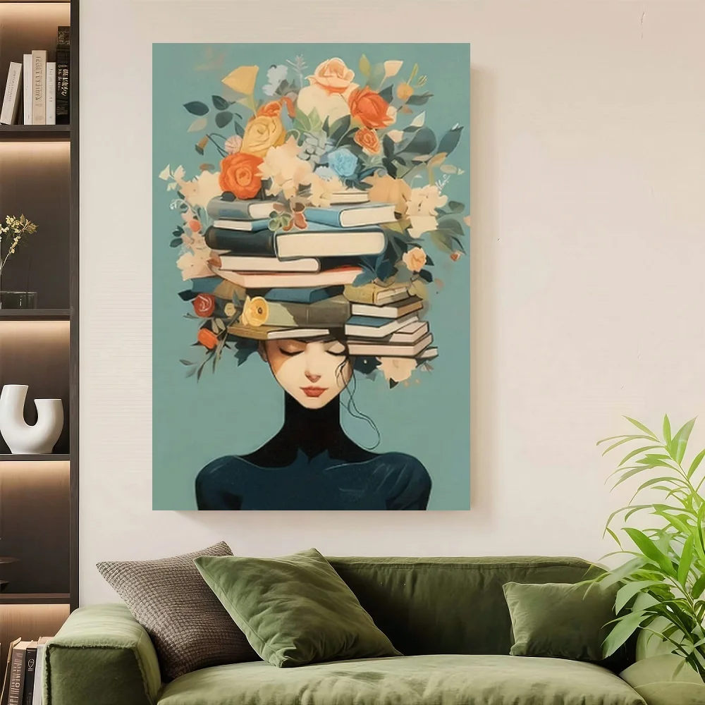 Framed 2D Flat, 1pc Book-Themed Profile Canvas Frame - Turquoise & Book Stack Hair Portrait, Modern Classic Art Deco Wall Decor